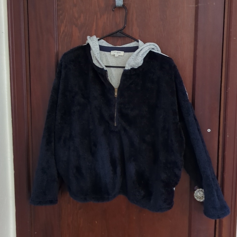Umgee Light Gray & Blue Fuzzy Teddy  Quarter Zip Oversized Hoodie Size S